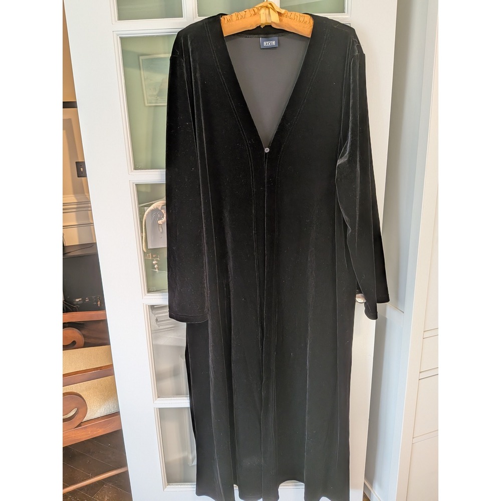 Style Vintage Plush Black Velvet Duster Cardigan Longline Single Button UK 26